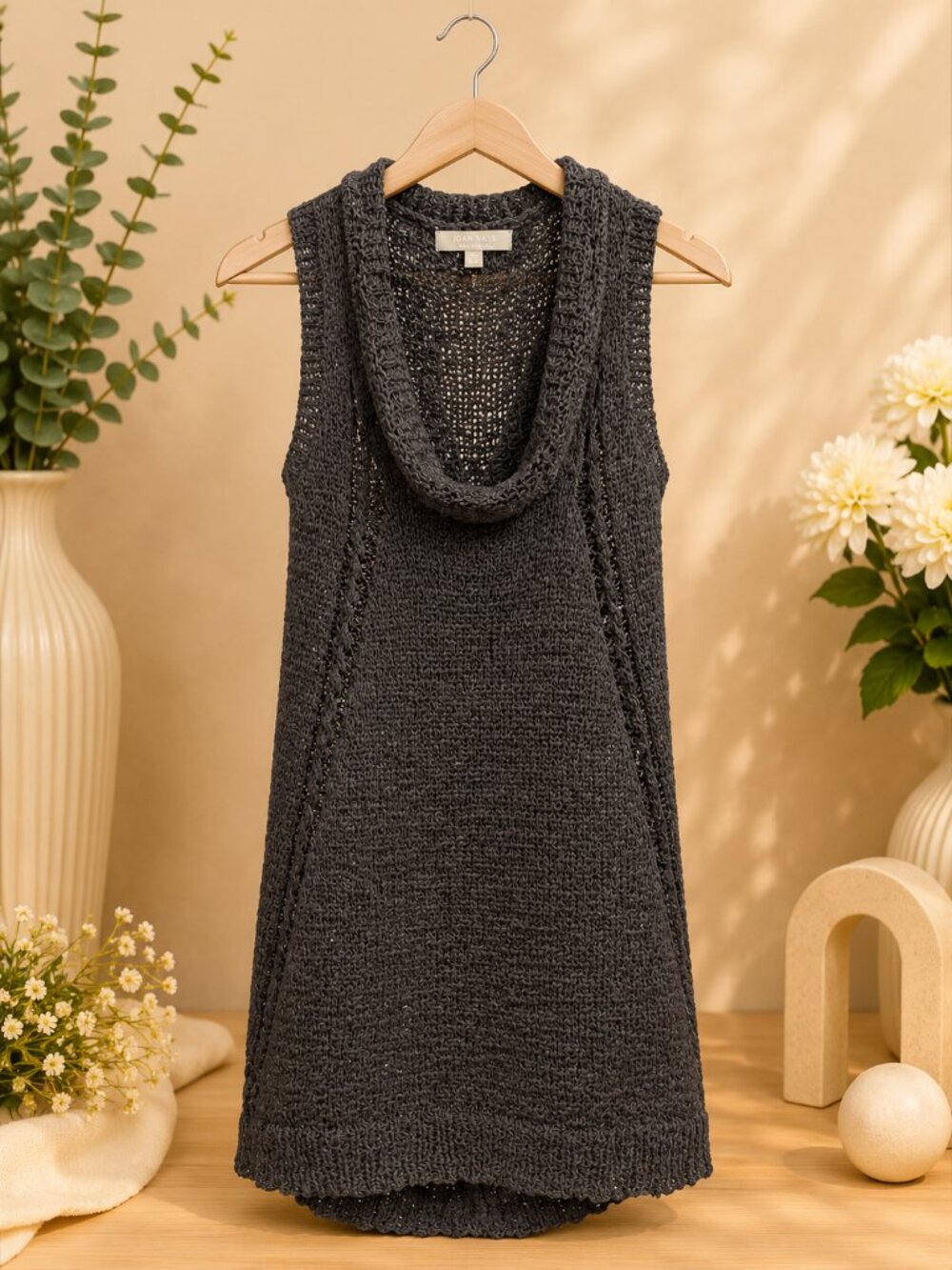 Joan Vass Charcoal Gray Open Knit Sleeveless Sweater Tunic Size Small